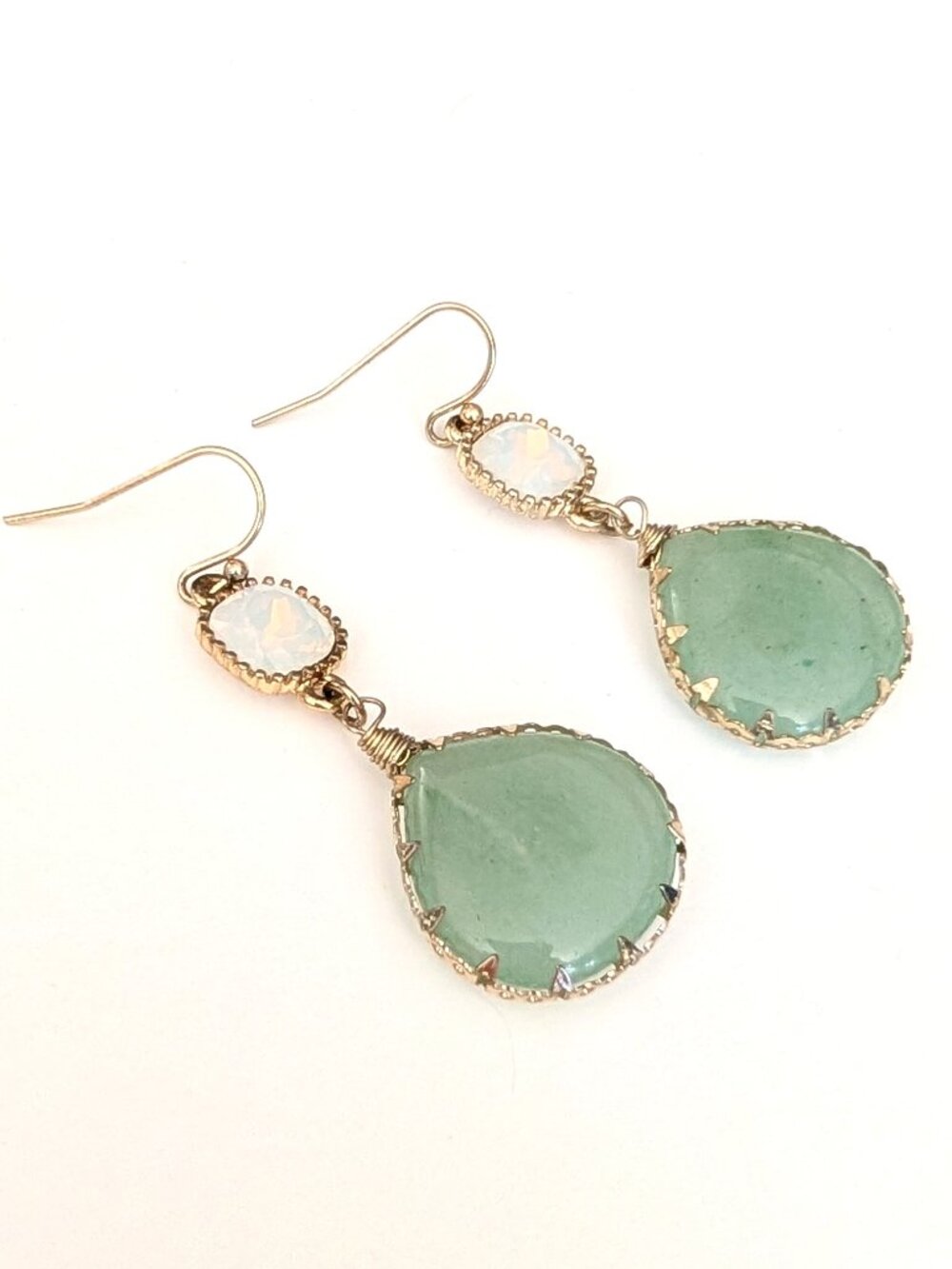 Green stone and opalescent beaded drop earrings